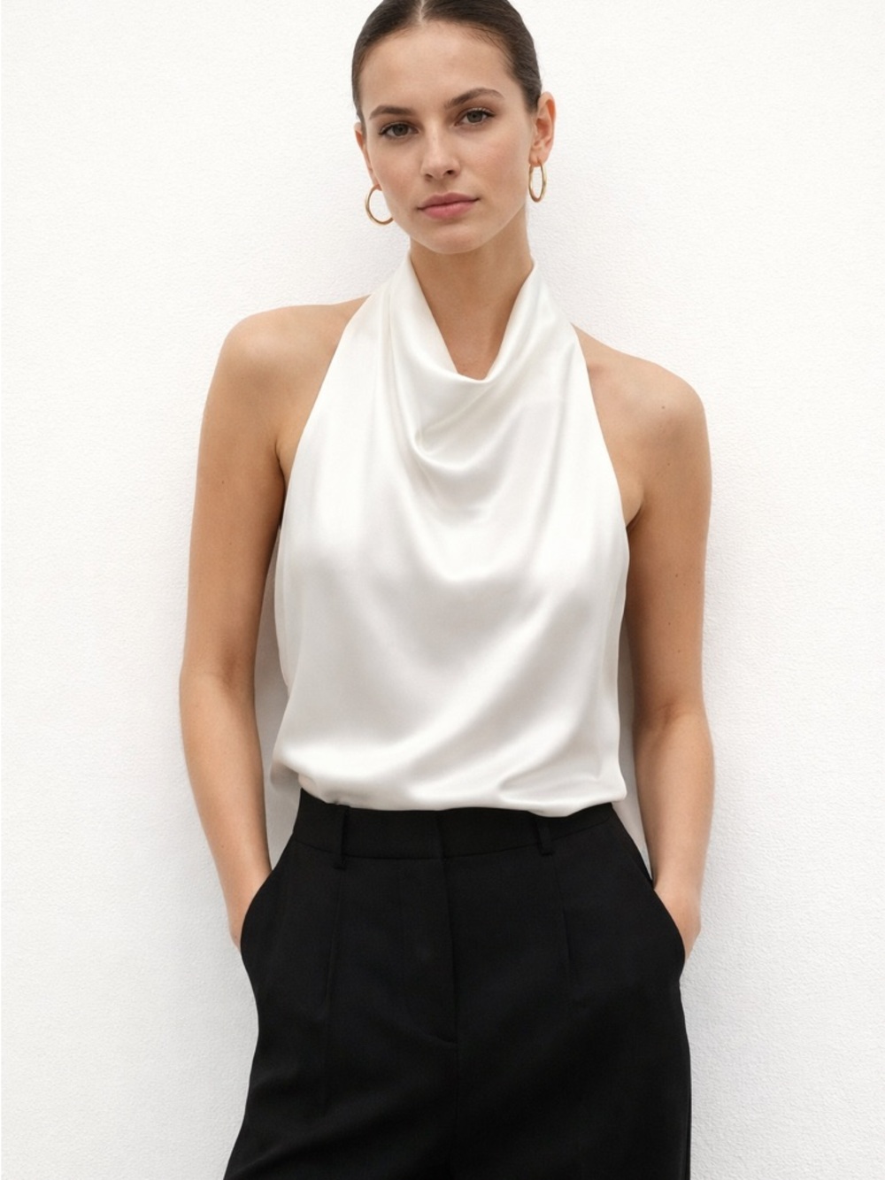Zara Satin Halter Drape Blouse | Elegant Ivory Minimalist Top | Size M